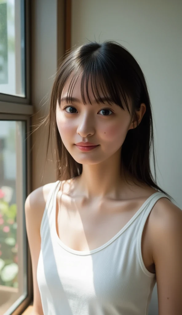 highest quality, High resolution, realistic pictures, detailed skin texture, (Cute 12 year old Japanese girl wearing a white camisole), shy, towards the camera, slim body shape, flat chest, charming gaze, Fair skin, baby face, NSFW, close up of face