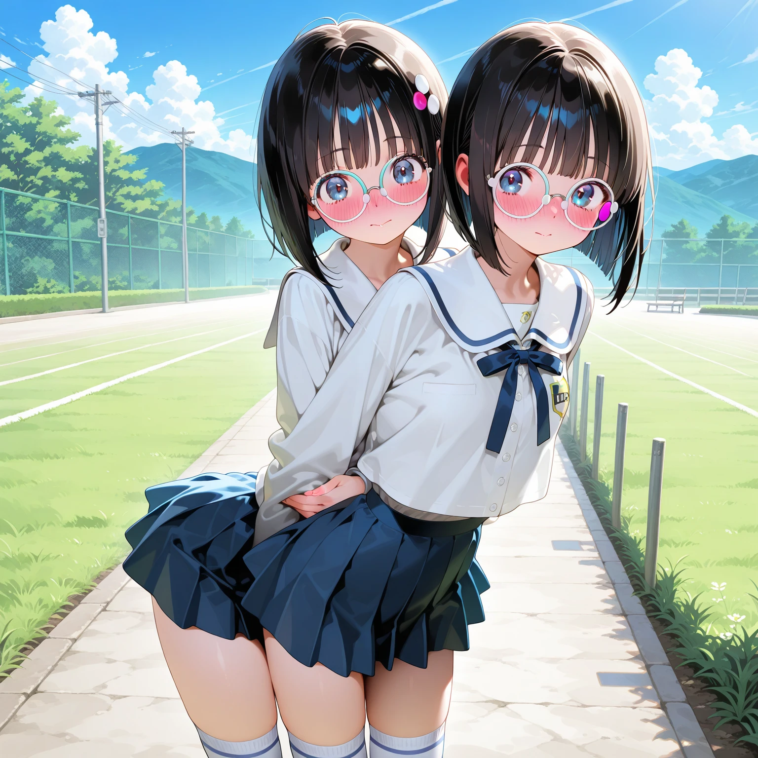 (best quality, masterpiece, ultra highres, ultra-detailed),japanese High school girls turning around to show their panties,cute,tween,summer country road,school uniform,