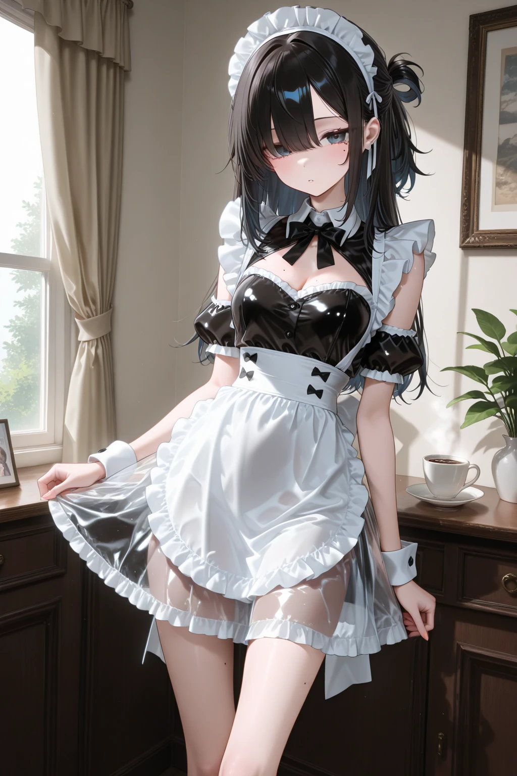 best quality,masterpiece, looking_at_viewer, smile, standing, posing, (1girl),(solo), cowboy_shot, indoors,
<lora:lora_lacelimitation_01:0.6>, black and white underwear, frilled underwear, thighhighs, wrist cuffs, arm cuffs, harness, headdress,