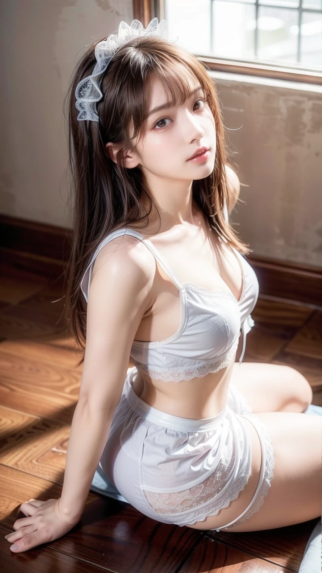 1womanl,Brown hair, japanes,((Impatient expression)),Beautiful breasts,((simple white rubber strapless bra,rubber tight skirt)),slender style,,(Facing the front)(((Blushing cheeks、Surprised look)),(((Braids))),((( Portrait on the knee))),Blue eyes,(((Bangs are aligned)))(((see -through)))(Wet with sweat)