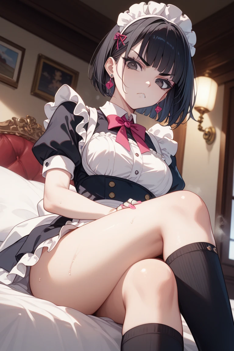 (Best Quality, 4K, 8K, hight resolution, masutepiece:1.2), Ultra-detailed, (Realistic, Photorealistic, Photorealsitic:1.37),25-years old, Mature Woman,adult lady,notre dame,Interior of a medieval mansion,in the midnight,masutepiece, Highest Quality, Ultra-fine,max resolution, Extremely detailed, (((British Maid Outfits))),Slender lower body,(a miniskirt),overknee socks,(((Beautiful skins))),red blush,(White panties),Seductive thighs,Short bob cut,cowboy shot,cross-legs sitting,aphrodisiac