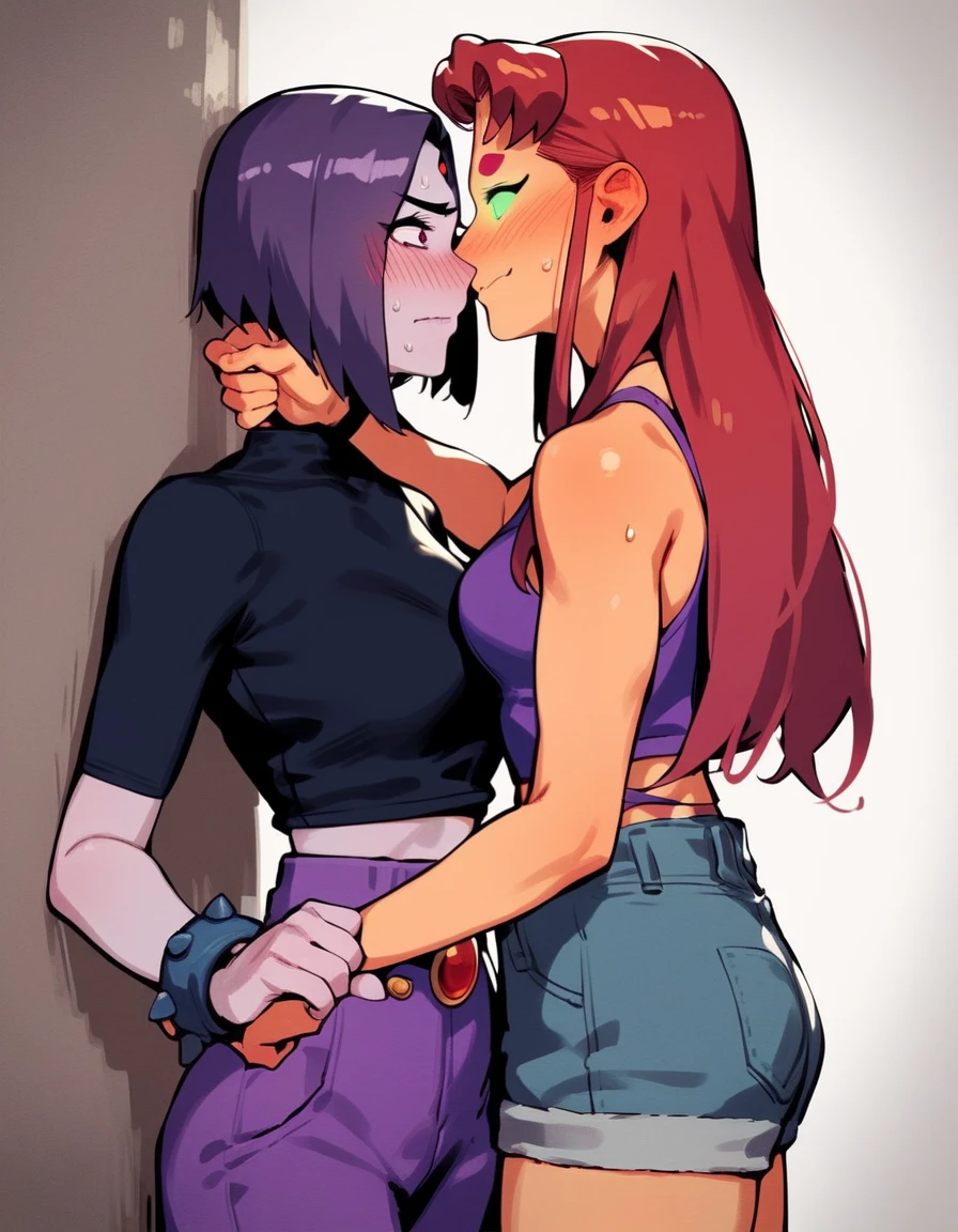 score_9, score_8_up, score_7_up, score_6_up, score_5_up, score_4_up, source_anime, niji style, Anthro, starfire from teen titans, glowing green eyes, naked, sex, standing sex, suspended congress sex, she is having sex with a male, human male is holding her, ahegao, leg lock, she is embracing him
