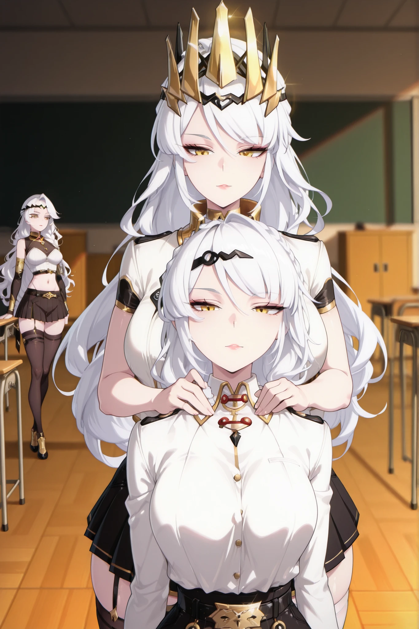 two_girl's,, two_character's,, 748cm ,  First character , golden crown of thorns, Queen_(being a hero x) swept bangs, choke, white hair,  braid, golden eyes,  braid doble, long hair, chests,, rupture,,  second character ,, Headband, Do_Xuan_(zzz), golden eyes, white hair, long hair, medium chests, voluptuous,  jav cover, upper body, Arrogant black stockings , chests, wavy hair, bangs, lipstick, eyelashes, Makeup, belt, pleated skirt with tiles, white shirt, navel, moccasins, tall white stockings, choker, MODELING, standing, classroom, blurred background, chest_press
