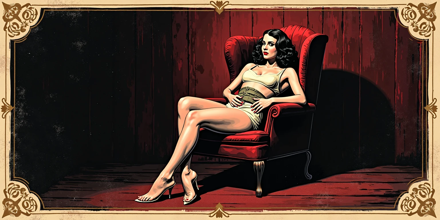 (NSFW: 1.4), (Best Quality, Masterpiece: 1.1), (Fidelity: 1.4), Woman, 22 years old, Lustful look, Flushed face, Face of Pleasure, Lustful expression, Lascivious half-open mouth, Short hair Messy red, Eyes purple color, In the Main Room, nocturnal moonlight, lace stockings, Lace choker, Hearts flying, Transparent lingerie, sitting in an armchair, legs open, full body, high heels, bare crotch, camel's paw, detailed hairy pubic anatomy, small breasts, hard chest beak, looking at the viewer, pov from below, comics style, analog style, illustration, lineart.