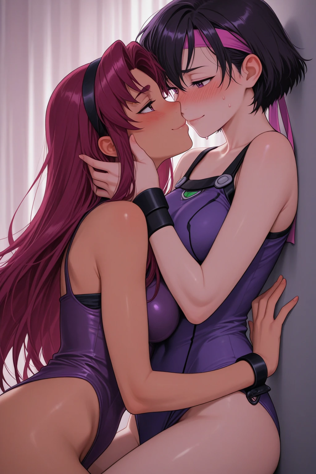 2 mature females,25yo,Stand back and forth,((deep kiss,Hug each other:1.2)),taimanin bodysuit,taimanin leotard,see through bodysuit,colorful bodysuit,,(Best Quality, masterpiece),medium breasts,Cute,(red blush,smile),((Shower pouring down,wet skin,wet hair:1.2)), Shower room background,(from below),dynamic pose,dynamic angle