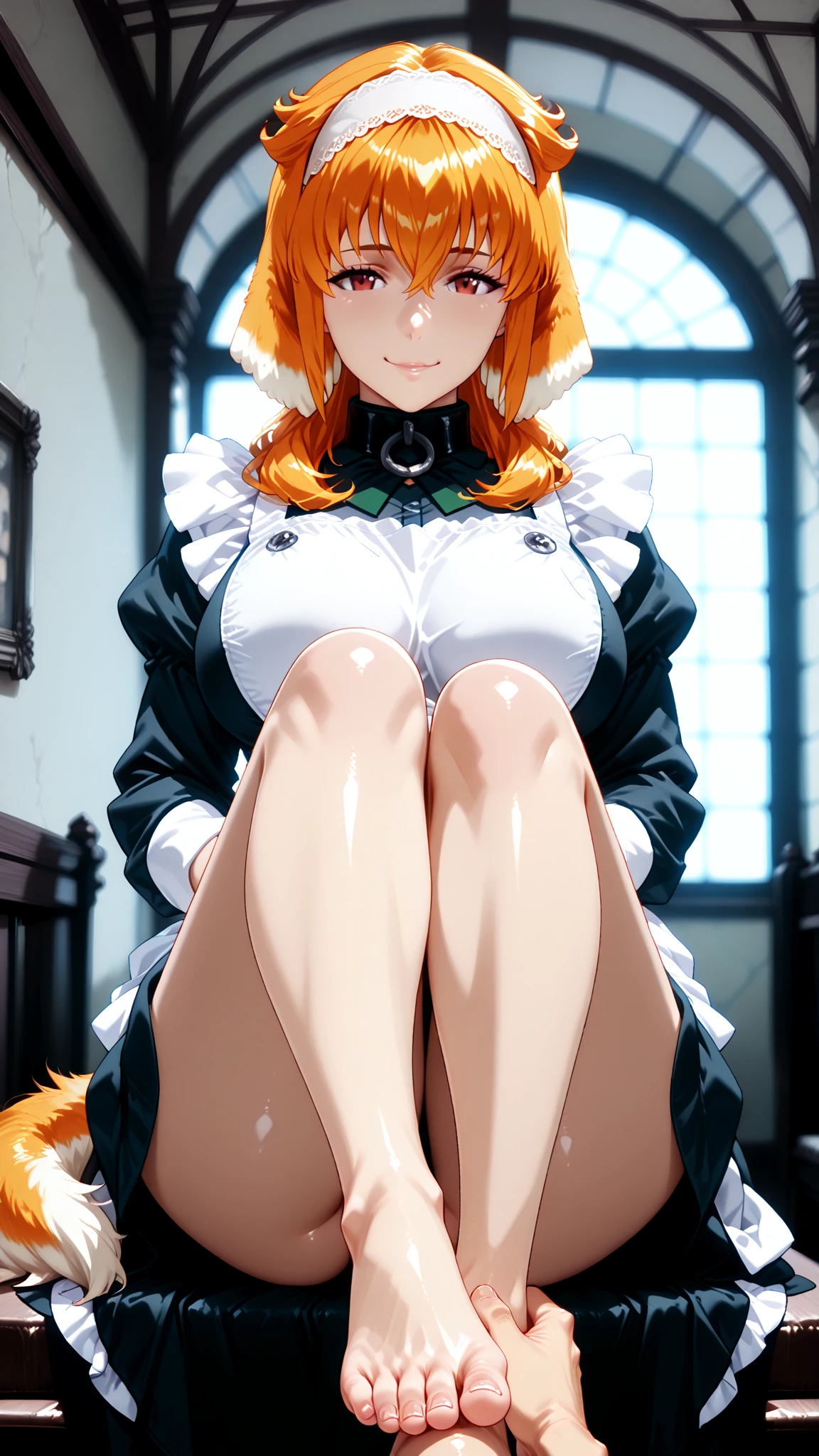 masterpiece, best quality, Roxanne AND Lianna, hair ornament, circlet, cape, armored dress, elbow gloves, blue skirt, thigh boots, garter belts, sitting, from side, hands on own lap, from above, smile, looking at viewer, closed mouth, gold eyes, yellow eyes, no visible ears, no ears, fluffy dog tail, medieval architecture, castle, garden