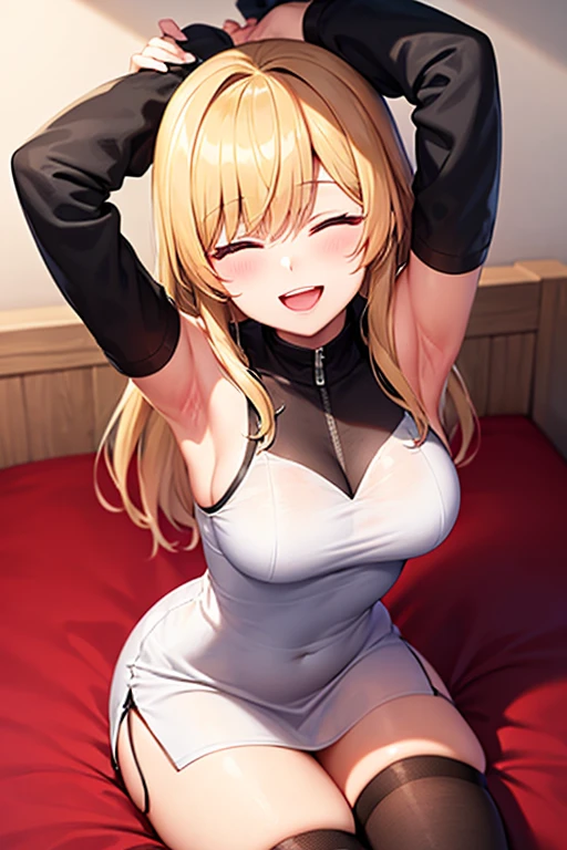 (highest quality, High resolution, perfect pixel, Depth of bounds written, 4K), bed, (from above), (cowboy shot), detailed eyes, (1 lady), tall, (skinny body:1.2) , (thin thighs:1.2), large breasts, (side boob), blond hair, (side ponytail:1.2), (burgundy virgin killer sweater dress:1.2), (sleeveless), bare back, side tie panties, (reclining), (Knees Up), (arm up), (crotch grab:1.2), (surprised), (looking up), (one eye closed), blush, open mouth, (knee-length stockings:1.3), wet,