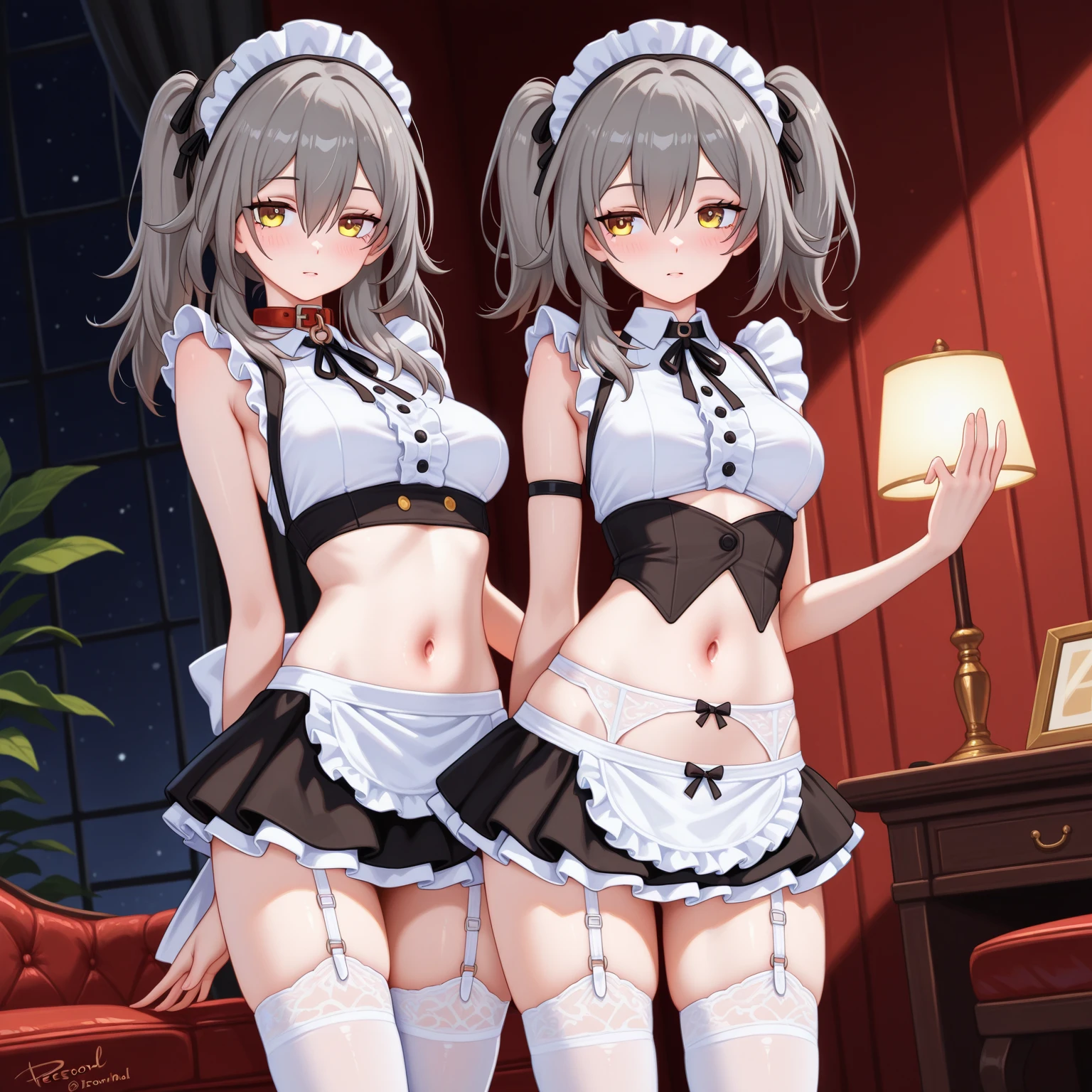 highest quality、masterpiece、((2 girls))、((smile:1.3))、(blush:1.3)、Black Shirt、blouse、((fun!!))、(Small breasts)、()、Blonde、()、((White apron:1.5))、((Maid))、((hair ornaments)),、Kamimei、look at me、 ((in house:1.5))、 Taking a break from watching the audience、Cowboy Shot、(Skirt lift:1.3),(Highly detailed white panties:1.3)、(Highly detailed panties:1.3)、、(スカート that rolls up:1.3)、(Panties fully exposed:1.5)、Light blue eyes、long hair、