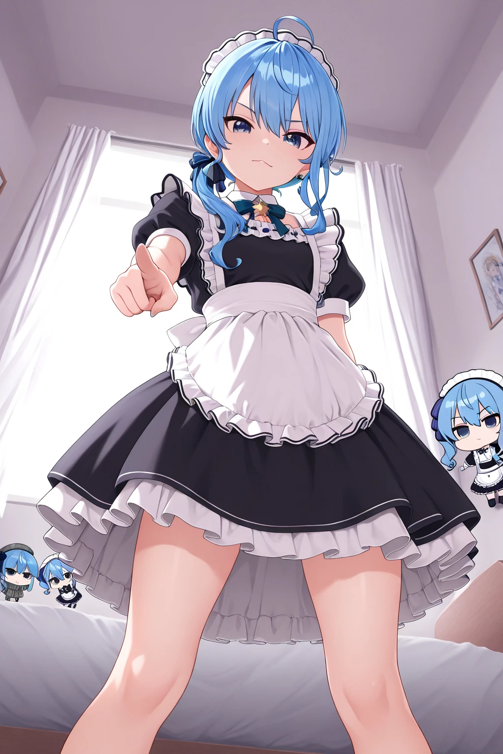 masterpiece, best quality, amazing quality,hoshimachi suisei, A little girl is standing on the bed, (chibi), blue hair, ahoge, white brim, Blue Eyes, looking at viewer, doyagao, pointing at viewer, (standing on the bed), Maid Outfit, my room, Bedroom, The sun shines through the window, (from below:1.3)