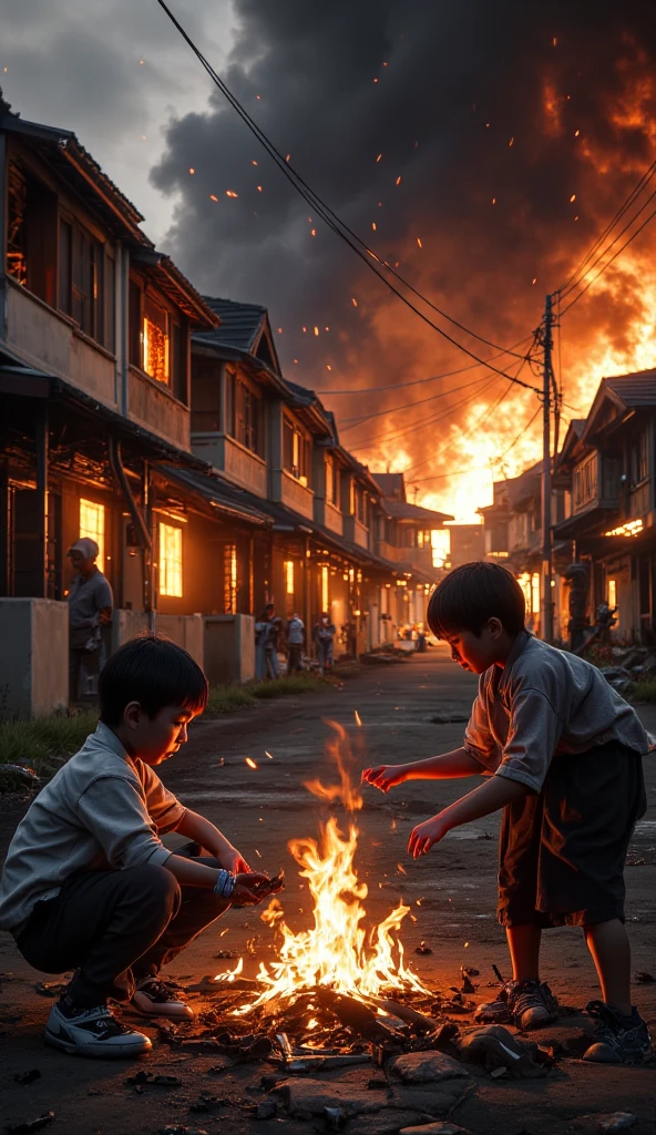 Ruins Post-war scene A child huddled in ruins of a broken building,Chu Chu poor warm color scars guitar small details high quality realism,cinematic ligh,Outdoor Collapsed House Horror Dark Lots of Dust CG,Masterpiece Exploding Flame in the Distance Ambient Lighting
