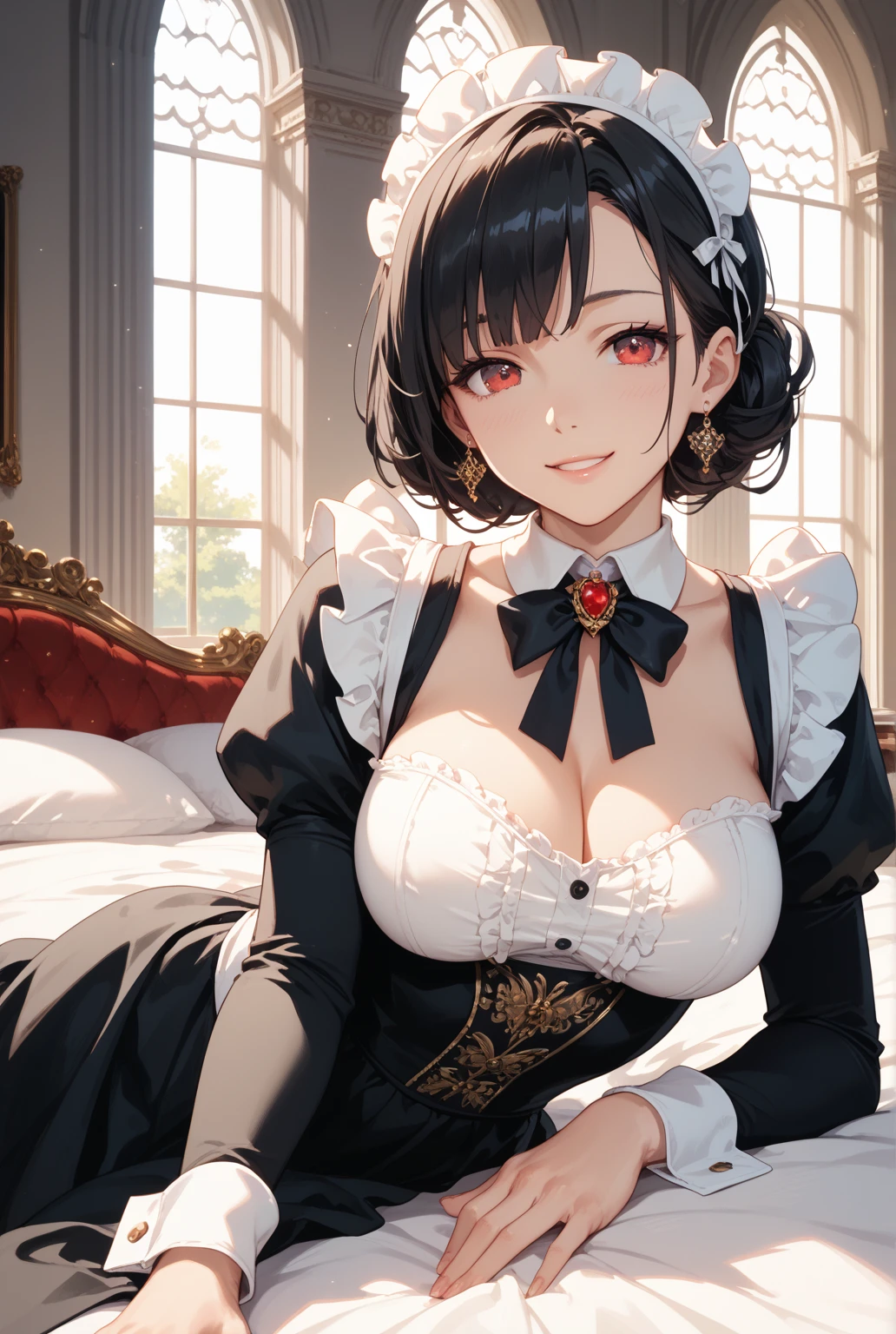 Adult girl, inspired by Okumura Masanobu, dressed in a black frilly dress ((ragged)), highly detailed exquisite fanart, inspired by Yukihiko Yasuda, delicate androgynous prince, beautiful androgynous prince, inspired by Yamagata Hiro, inspired by amano, pixiv style, short wavy black hair, red lips, red eyes, fangs, vampire girl, sexy, big but, big
