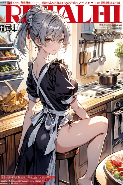 Portrait of a 65 year old woman with gray hair, A seductive gaze, Brown eyes, there are some wrinkles on her face, She is wearing a very sexy white apron that shows off her small breasts., Sit at the kitchen table, 8k, Detailed Background, Body wrinkles, showing whole body, whole body, Spread your legs, Her rather small breasts are exposed