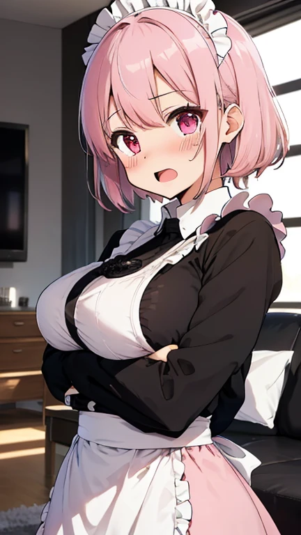 ((masterpiece)), ((best quality)), ((highly detailed)), (original), ((delicate background)), ((extremely detailed 8K wallpaper)), sweet, depth of field, BREAK maid, ((classic maid clothes)), ((scanty clothing)), lots of frills, ((huge breasts)), BREAK curly hair, faint pink hair, short hair, BREAK ((heart-shaped eyes)), pink eyes, tongue out, blush, sweating, BREAK 1girl, solo, cute girl, 15 years old, shiny skin, BREAK full body shot, sitting on the bed, looking at the viewer,