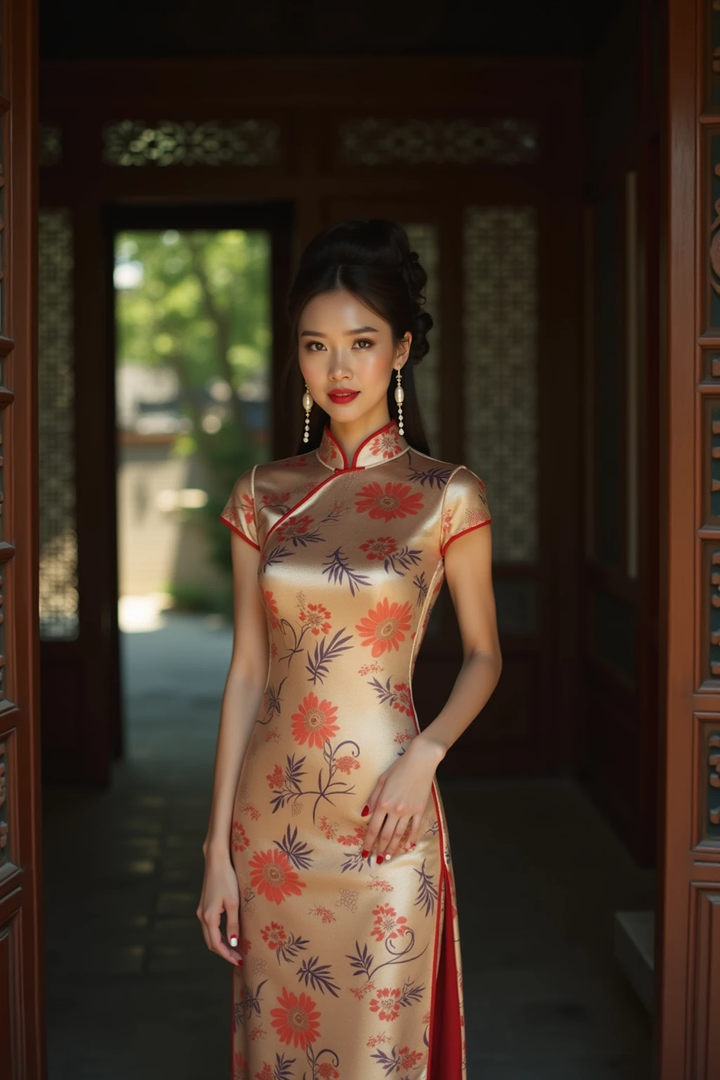 High Resolution, High Quality , Masterpiece. Harajuku fashion model donning a cheongsam dress, full-body shot captured, hyperrealistic digital painting reminiscent of Samuel Silva's work, sunlight caressing a meticulously composed face, emphasis on facial intricacies, fabric captured in dynamic motion, rim lighting enhancing silhouette, ambient mysticism, magical elements subtly infused, set against a complex backdrop rich in shadow play, palette dominated by cool hues, precise anatomy, detailed shadows. 16к photo  illustration.