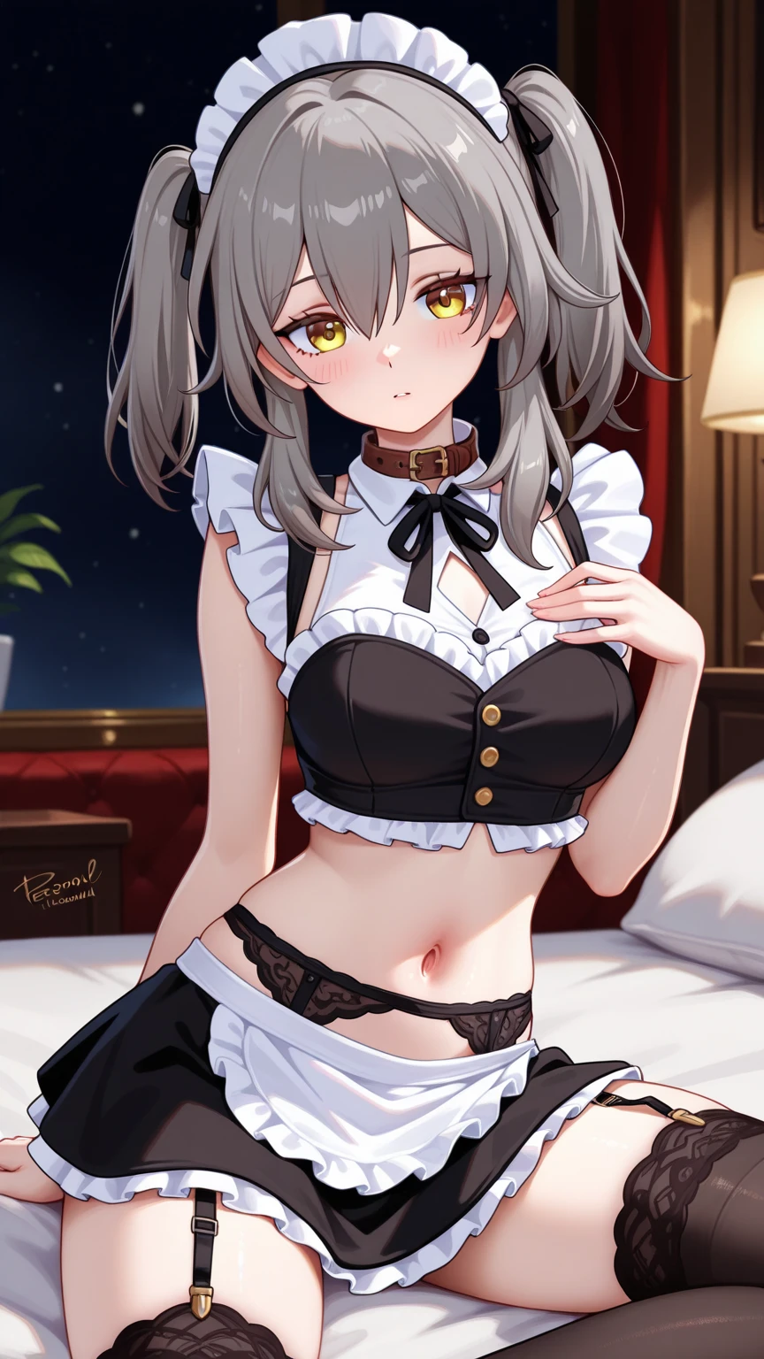 best quality, masterpiece, highres, solo, {maid:1.40}, {long maid dress:1.15}, {karin_bluearchive:1.15}, black_hair, dark-skinned_female, dark_skin, long_hair, yellow_eyes, bangs, breasts, large_breasts, halo, bow, blush, bowtie, blue_bow, very_long_hair, blue_bowtie, ponytail, closed_mouth, animal_ears, fake_animal_ears, rabbit_ears