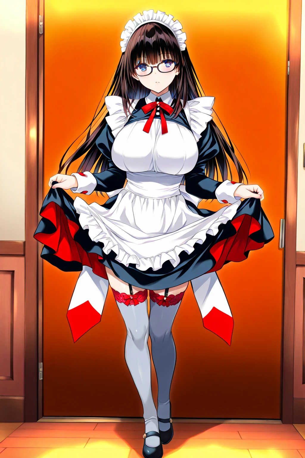 best qualit,1girl,solo,
,thighhighs, <lora:cyberdollmayV1:0.5>,cyberdoll_may,handmaid_may,1girl, solo, underwear, thighhighs, panties, maid,white thighhighs, maid headdress, short sleeves, white panties, mop, green eyes, apron, open mouth, puffy sleeves, dress,, pantyshot, puffy short sleeves, frills, garter straps, smile, shoes, standing,smile,large_breast,minigirl,