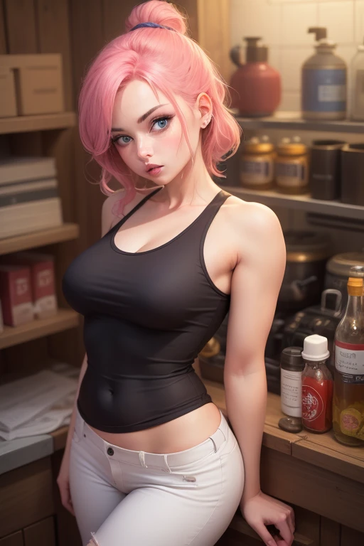 (Big breasts:1.3, Small freckles:0.9, Adult:1.2) Nsfw elf with pink hair wearing a skirt and tight tank top. The character has attitude, a seductive expression and big thieves.