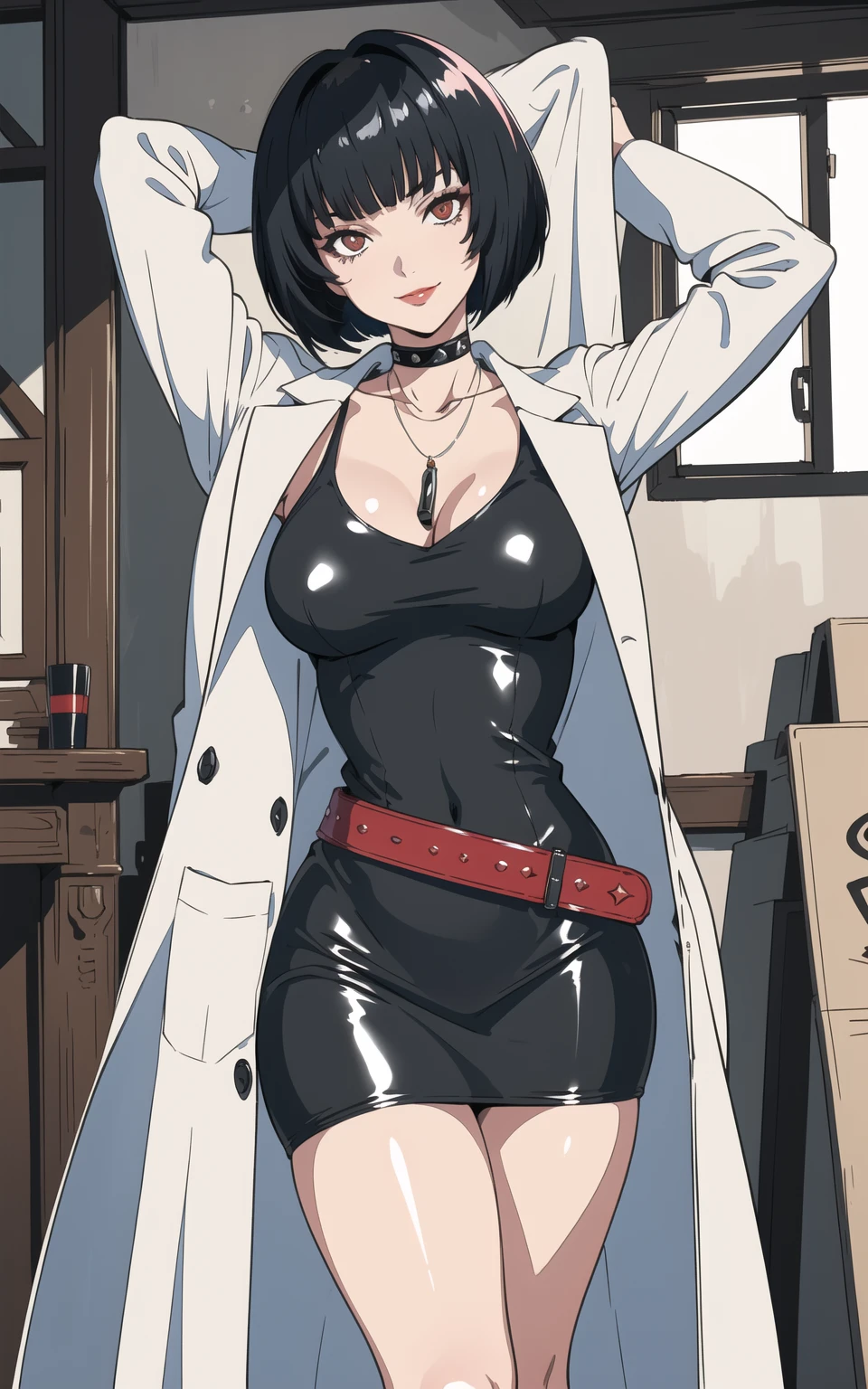 One woman ,wolf cut hairstyle ,red lipstick,black glasses,sharp jawline,face makeup,mole under right eye, hoop earrings, perfect mature body,cleavage,full sleeve Black shirt,white jacket ,legs black  stockings 