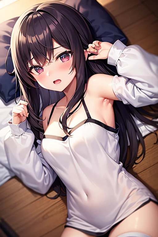 high school girl、Unfold panties with both hands、Plump thighs、Best image quality、High resolution、masterpiece、super high quality、Brown bra、Brown panties、とてもBig Ass、Blushing、4K quality、Thick thighs、Big Ass、Blushed、Big Breasts、Proud face、Wearing black knee socks、Sticking out tongue、Heavy breathing、Show the crotch of panties