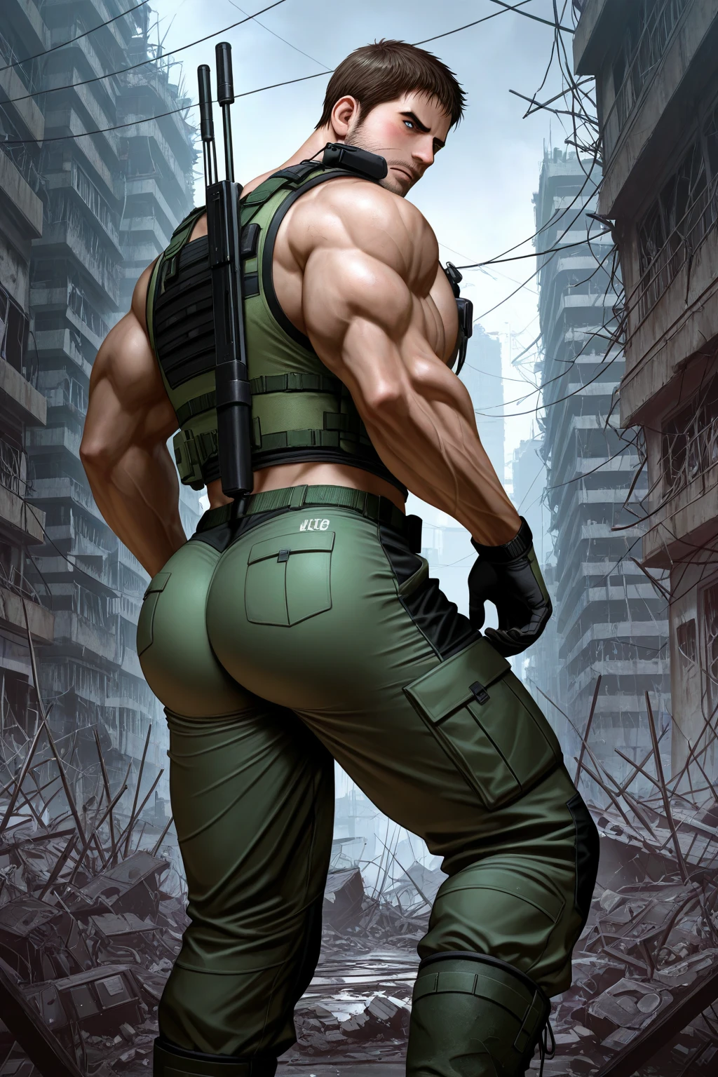 Libido man，Chris Redfield 50 years old ( Chris Redfield from Resident Evil Village), Tong，large pecs，Big bag，Wear black suit socks，Half recumbent，huge bulge, CG sense，POV perspective，Dark atmosphere，8K,Cinematic lighting effects，Textured skin，best qualtiy，Storytelling images，Storytelling images，dynamic blur，actionpose