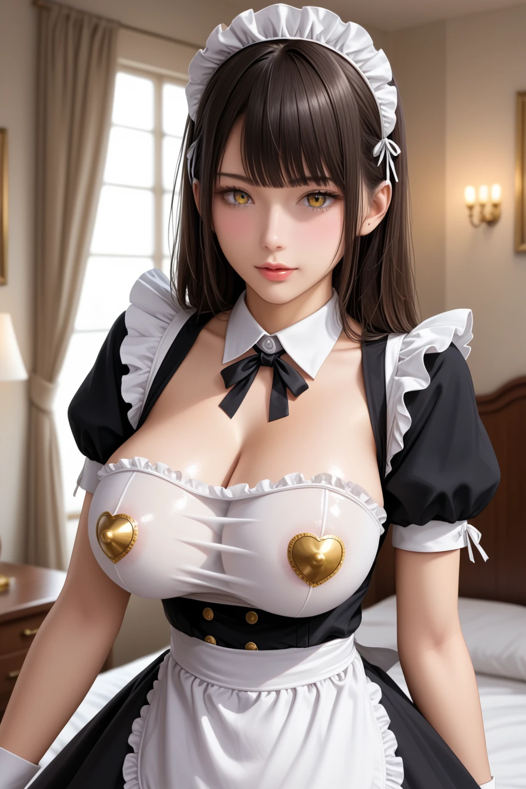 Meisterwerk, (realistisch), high-res, hochdetailliert, kompliziert, Beautiful women, rote Haare, blaue Augen, Sommersprossen, detailliertes Gesicht, maid outfit, looking at viewer, showing boobs, smile, huge boobs, in Cafe, serving you, lehnen, nude boobs, pink nipples, hanging gigantic breasts