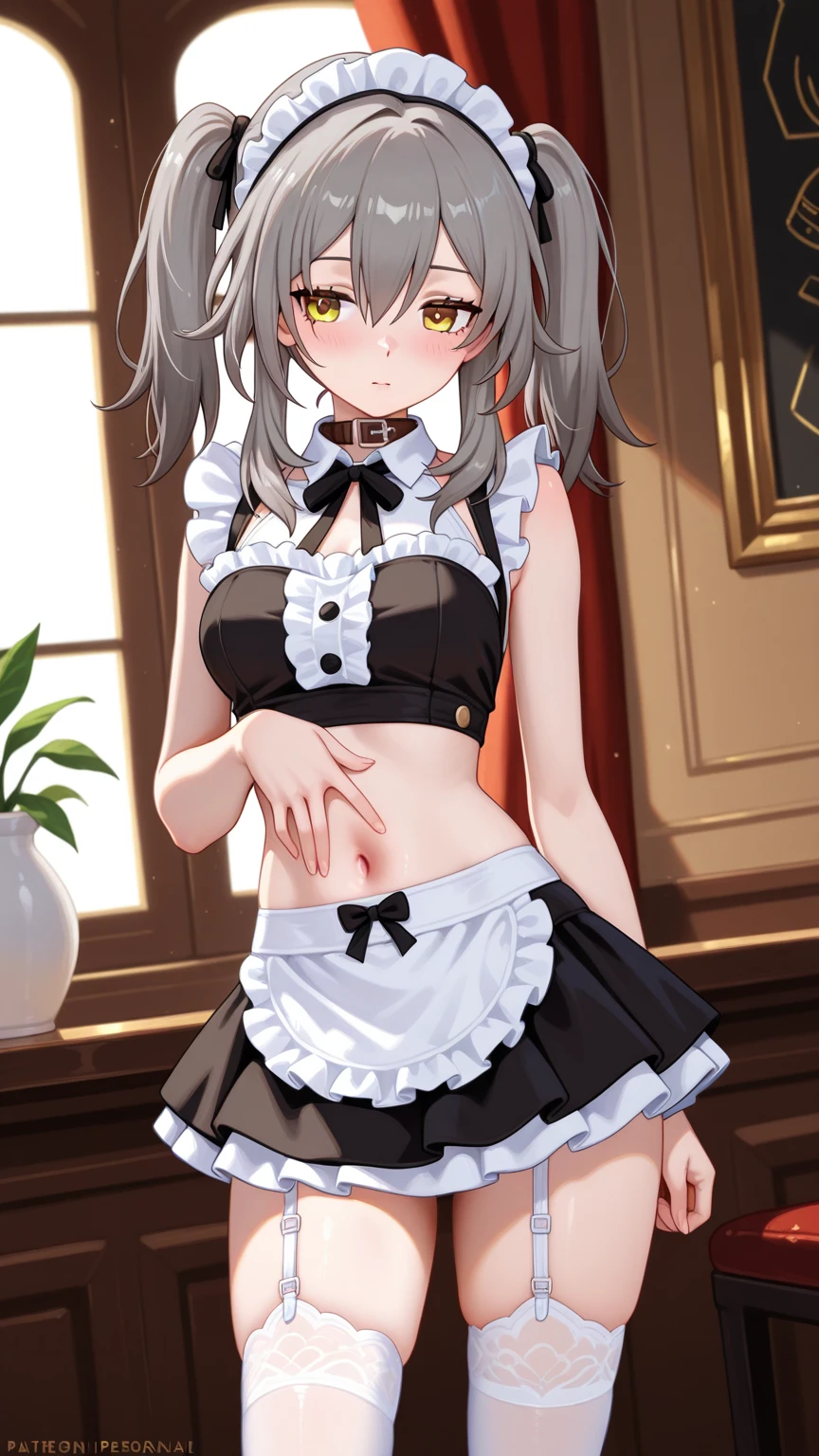 NSFW,koneko toujou (dxd),Gray Hair,short hair,(Maid clothes:1.2),(cropped:1.5),Micro Mini Skirt,garter belt,Embarrassed,blush,(Perfect hands),(Perfect Anatomy),(masterpiece),(highest quality),living,