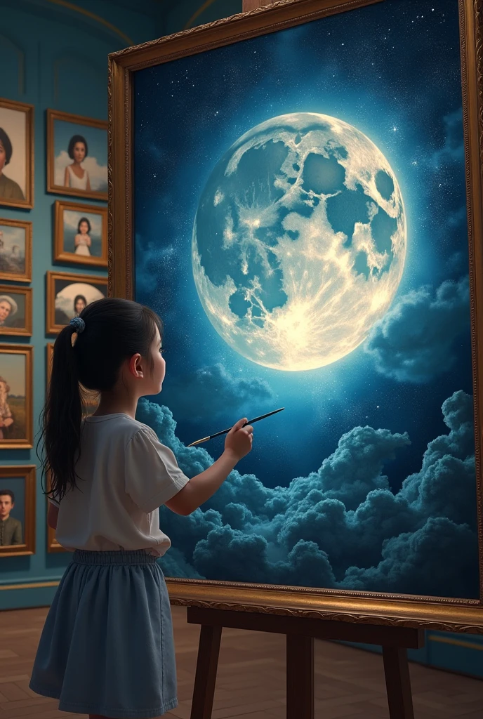 a girl BLONDE CHILD WITH LONG STRAIGHT HAIR, PORTRAIT, CLOSE UP, a blue moon lamp on a stand, bright big moon, blue moon light, moon light, moon, moon shine, hante, with blue light inside, full moon lighting, made of bright wax and ceramic, moon lighting, floating under moonlight at night, blue moon, big moon detailed, beautiful moonlight, moon backlight, big moon