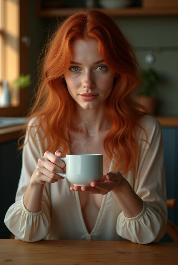 Une femme rousse, d'une beauté envoûtante, savoure un café avec une élégance naturelle. Ses cheveux, d'un rouge intense et brillant, tombent en cascades douces autour de son visage, encadrant ses traits délicats et accentuant la profondeur de ses yeux. Elle est assise à une table de café, peut-être près d'une fenêtre où la lumière du matin éclaire doucement la scène.
Elle porte une tenue simple mais sophistiquée, peut-être un chemisier légèrement ajusté qui souligne subtilement sa silhouette. Ses doigts fins enveloppent la tasse en porcelaine, et elle la porte à ses lèvres avec une sensualité discrète. Le contraste entre la blancheur de la tasse et la chaleur de ses cheveux crée une harmonie visuelle qui capte l'attention.
Son expression est sereine, presque contemplative, alors qu'elle savoure chaque gorgée. Le parfum du café embaume l'air, ajoutant une touche de confort à l'atmosphère. Autour d'elle, le café est animé par des conversations légères et le bruit doux des cuillères contre les tasses, mais elle semble plongée dans un moment de calme, profitant pleinement de cet instant. La scène, bien que simple, dégage une sensualité raffinée, rendant chaque geste de cette femme rousse aussi captivant que naturel.