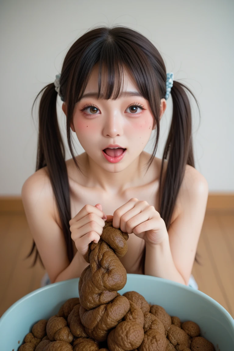 (best quality:1.2), masterpiece, Realistic, Ultra-high resolution, (((a beautiful Japanese idol 12 years old woman:1.2))), ((Gaunt:1.3)), (((Very flat chest:1.4))), ((Baby Face)), villainess, arms up, show me your armpit:1.2, (((tip of sausage touches her armpit:1.2))), (She has condensed milk poured all over her body), (completely nude:1.2), ((Armpits are wet and shiny with sweat:1.2)), She has skin that sweats easily Soaking wet, Sweaty, ((I can see my pores:1.4)), ((Frightened expression:1.3)), (((Put a very-long-sausage in her mouth:1.3))), (torture chamber, prison:1.5)