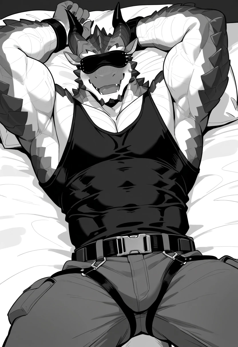 crocodile Godzilla lookalike chest hair Lie Spread your legs A faint vertical crack is visible..