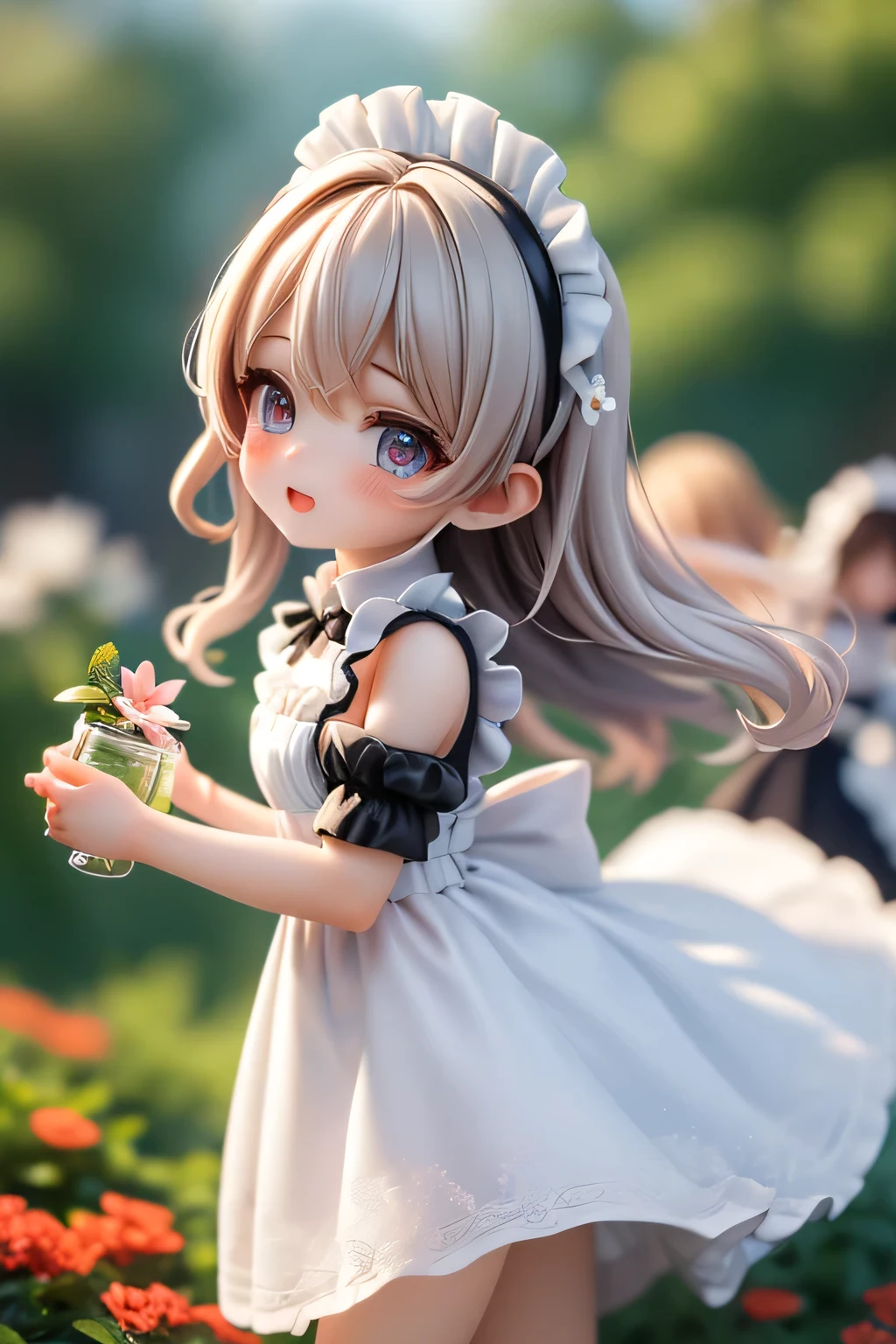 (Cyberspace landscape、Three cute and charming girls)、(long white silk style maid dress: 1.2, Flowers in the flowerbed々holding watering jaws: 1.5, Floating hair、Flowing Sleeves ), (adorable face: 0.85)