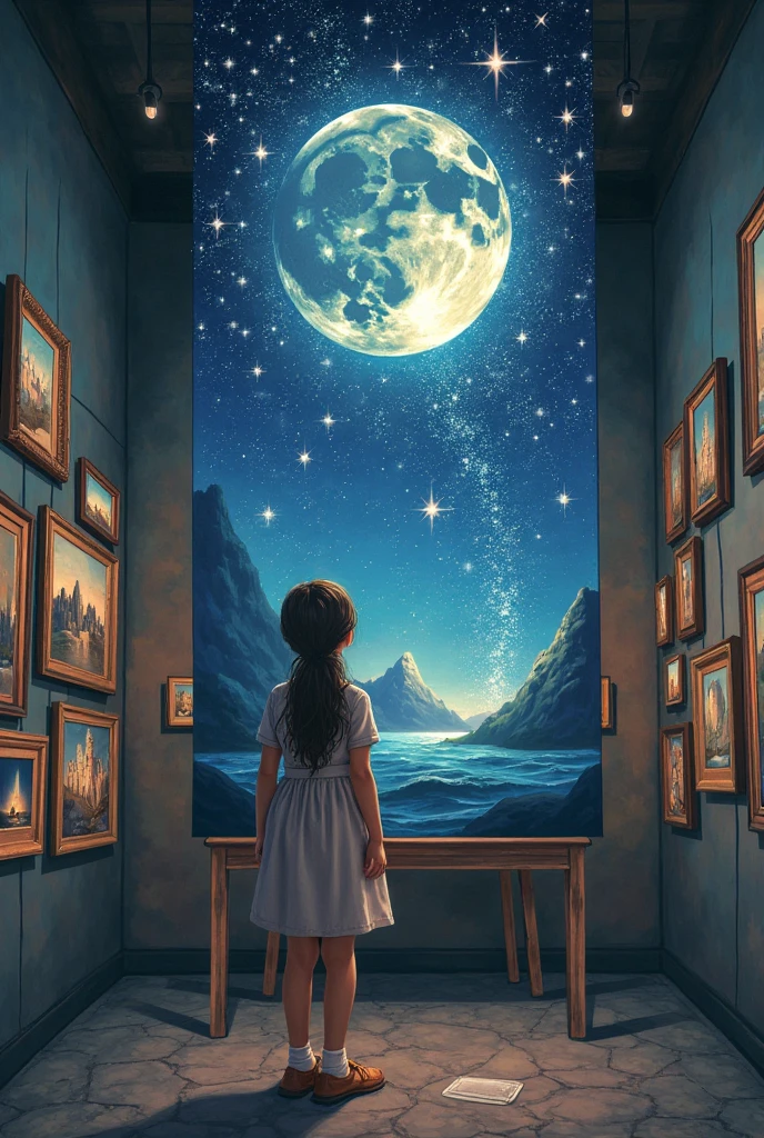 The setting shows a garden illuminated by the soft moonlight and dotted with stars. Lily, uma garotinha de dez anos, He's in his pajamas, Looking out the bedroom window with a fascinated expression. Posters of astronauts and planets decorate the walls of the room.