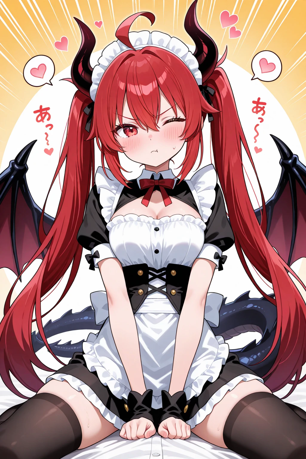 {{best quality}}, {{masterpiece}}, {{ultra-detailed}}, {illustration}, {detailed light}, red hair,blue eyes,twintails,lolita,Suspenders skirt,Fantastic,loli,solo,Dragon horns,little girl,long hair,