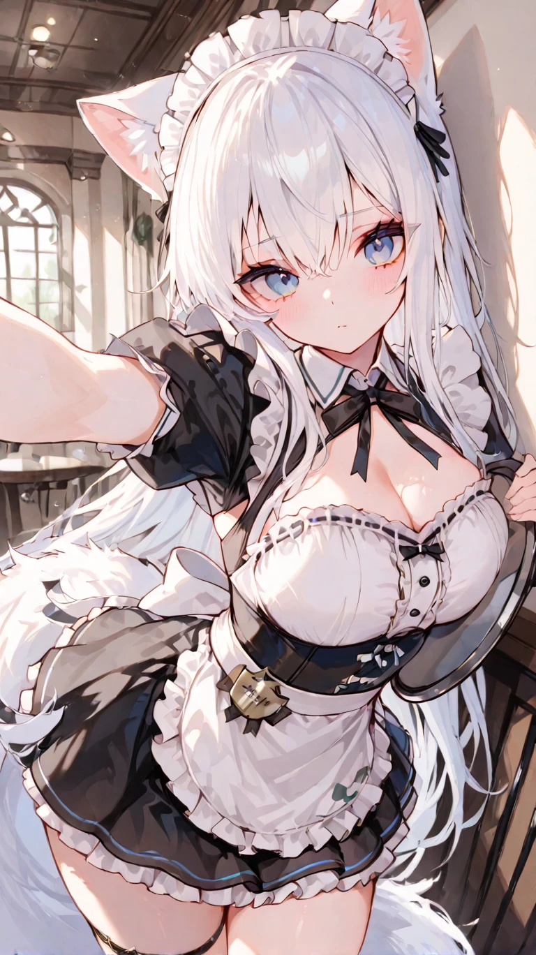 ((Highest quality)), ((masterpiece)), ((Very detailed)), (Very mature),A cute high school girl with a gentle look, white hair and about 165cm tall.,A high school girl with a cute smile and ample breasts wearing a transparent black wavy top with a cute patterned hood that shows off her shoulders, 顔が若干縦方向に長いbright笑顔の女性,Small Faced Woman,alone, Cute attitude,(background(bright),Long Hair - Straight,Knee-high socks、A transparent white veil with a cute pattern and a hood with white off-the-shoulders,White wall、Sitting、Facing the viewer、縁に模様がある壁が1面のbackground
