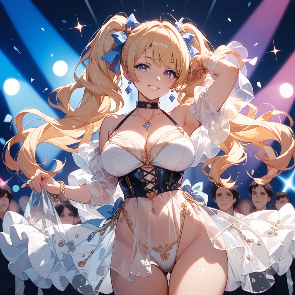 top-quality、Full limbs、complete fingers、Slender beauty、straight haired、Brown hair、Deleste、Blue, White and purple idol costume、high socks、Beautiful Large Breasts、Live Stage、Singing、Dancing、A big smile
