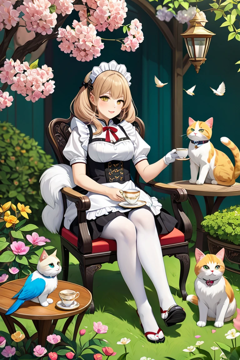 (best quality),(highly detailed),(masterpiece),(ultra-detailed),(absurdres),(((artbook))),((8k_wallpaper)),big ass,Bare thigh,huge_breasts,barefoot, 1girl, solo, animal ears, cat, barefoot,cat ears, short sleeves, grass, short hair, smile, white hair, puffy sleeves, white dress, maid, sunlight, brown eyes, dappled sunlight,petite, outdoors, puffy short sleeves, bangs, full body, tearfully, crying, cats, white-patterned underwear