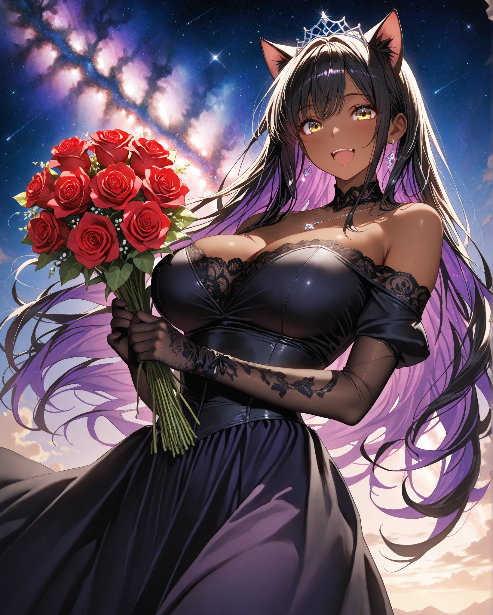 4k、best image quality,excellent details,hyper quality skin、ultra high resolution,(fidelity:1.4),best illustrations,focus on details,(official art, beautiful and aesthetic:1.2), midjourney anime style.
1 girl, (colorful hair、Bangs are black:1.2), wavy hair, smile, (sexy idol dress:1.5)、I will give you a bouquet of flowers
(カラフルな花束💐ブーケを持っている、I will give you a bouquet of flowers:1.6), (fancy futuristic background:1.1),