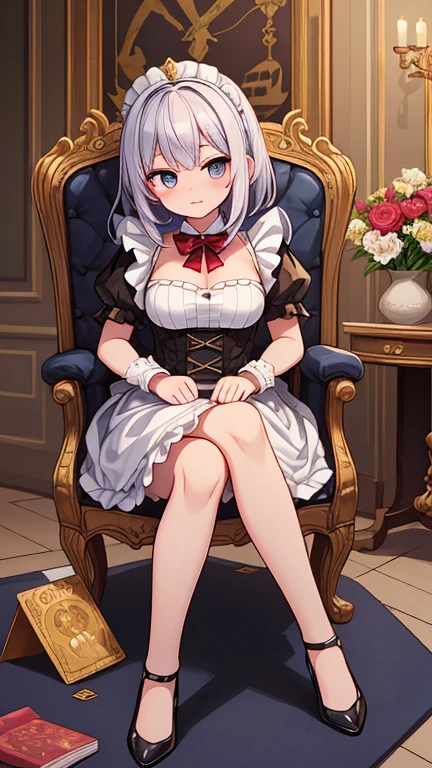 <lora:MadolcheQueenTiaramisu-06:1>, (extremely detailed:1.1),(highly detailed:1.1),(best quality:1.1),(masterpiece:1.1), QueenTiaramisu, 1girl, solo, heart-shaped pupils, purple eyes, cleavage, duel monster, jewelry, grey hair, hair ornaments, dress, choker, bracelet, puffy sleeves, puffy short sleeves, crown, brown dress, cape, high heels, walking, indoors, throne, sitting , holding, scepter, holding scepter, <lyco:GoodHands-beta2 (1):1.0>, nice hands, perfect hands
