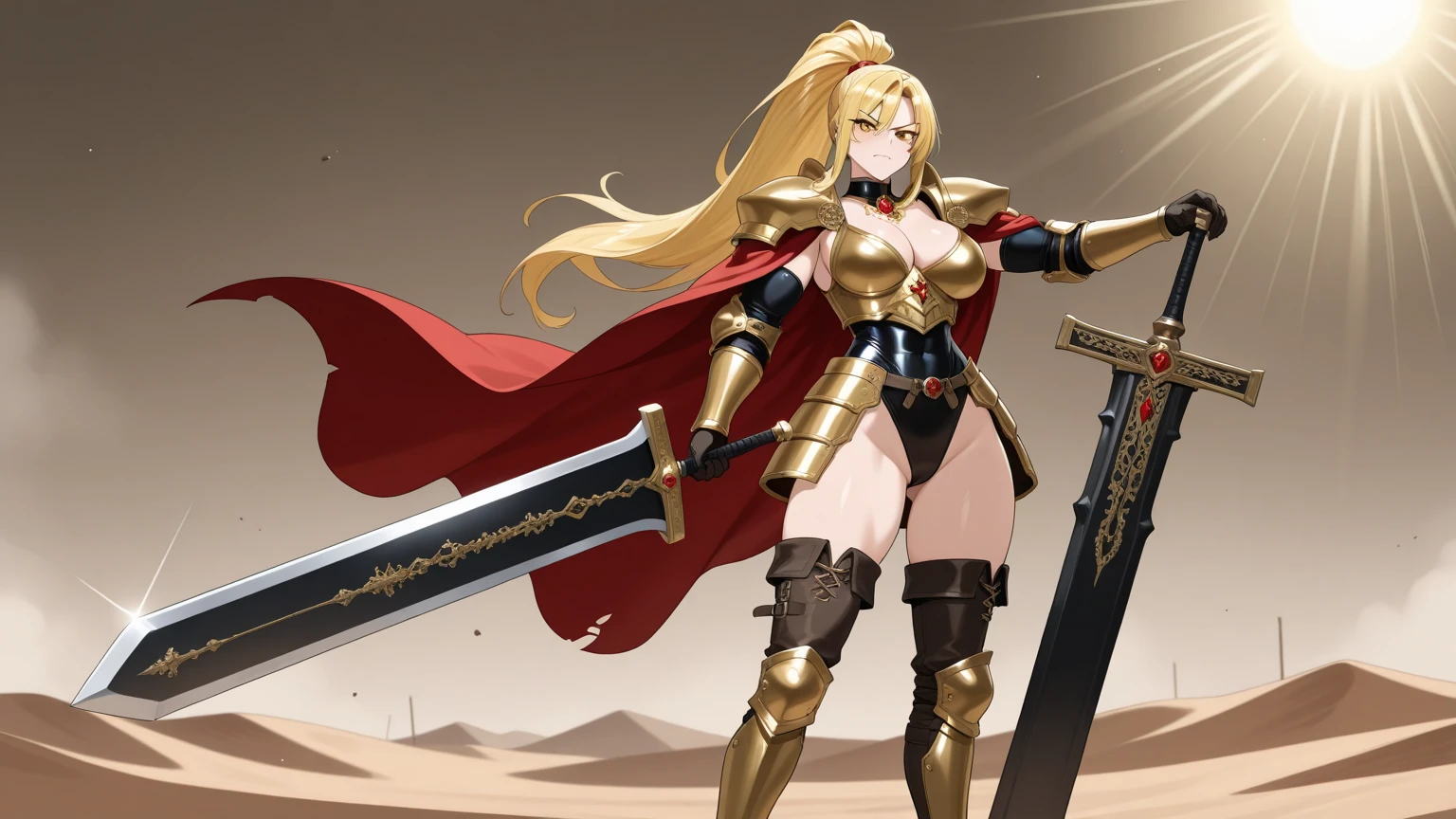 score_9, score_8_up, score_7_up, score_6_up, 1girl, busty female warrior, wearing a bikini plate armor, battlefield, long hair, undercut, war painted face, two handed sword, chain sword, huge sword over shoulder, busty, small waist, wide hips, from front, cleavage, golden hour, cowboy shot 