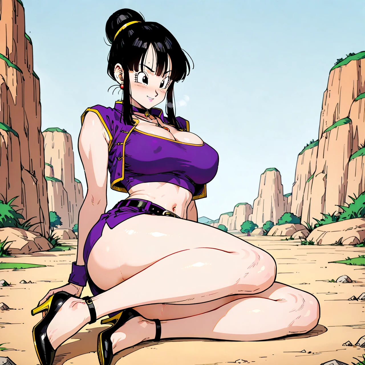 (highly detailed), high quality, masterpiece, (((beautiful))), (((full shot, back side view))), (((Seripa))), (((dragon ball z))), (((drogod artist)), saiyan, athletic female, (((5 fingers))), (((5 toes))), big butt, large ass, purple nails, purple eyes, purple lipstick, eyelashes, eyeliner, black hair, (((light skin))), (((black eyebrowns))), (((thin eyebrowns))), big pupil, short hair, bubble ass, busty, butt, (((purple highleg one piece swimsuit))), (((saiyan armor))), (((swimming trunks))), cleavage, (((feet detail))), fingers, genital outline, grabbing own ass, holding ass, (one hand on ass), humanoid feet, humanoid hands, (((horny face))), in love to the viewer, large bum, looking at viewer, nails, partially visible vulva, presenting feet, (((protective mother countenance))), pose, sensual eye, narrowed eyes, half-closed eyes, bedroom eyes, sensual body, smile, soles, (((soft soles))), (((meaty soles))), arched soles, tiptoes, feet blush, (((sole blush))), solo, sheap space, lying up, feet up, thick thighs, thighs together, toes, (((voluptuous))), high thighs, high hips, wide hips, curvy figure, curvaceous, absurd res, hi res, signature, in a spaceship next to a large window space
