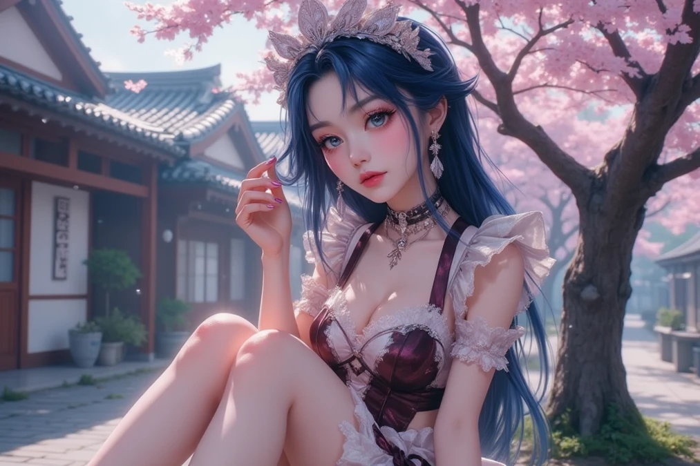 （tmasterpiece: 2.0，Best picture quality），（Ultra-fine eyes: 2.0），ph_REM，Remoud（1girll），blue hairs，独奏，eBlue eyes，x Headgear，Lace leg ornament，Bow knot，stocklings，Liquid socks，lacepantyhose，Suspenders，Lolita heels，Lolita shoes，Rosswaal Mansion Maid Clothes，full bodyesbian，Two hands，Two legs，Photo art，offcial art，maidennurse，Skysky，rays of sunshine，the trees，spray。