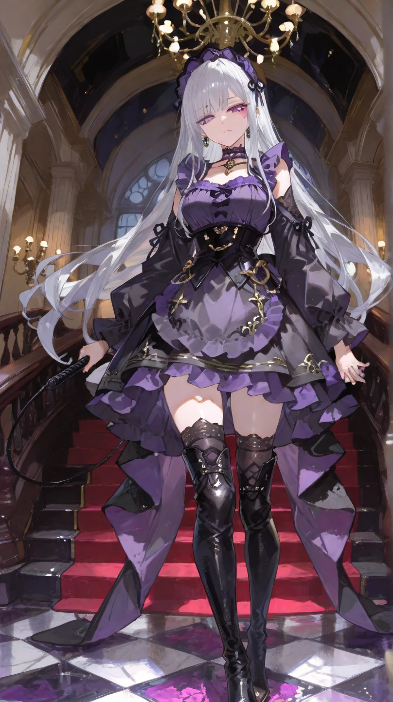 <lora:aurora-01:0.7>, aurora, 1girl, flat chest, shiny skin, long hair, purple hair, light purple hair, very long hair, bangs, blunt bangs, hair bow, star in eye, star (symbol), symbol in eye, purple eyes, collarbone, tattered cheongsam, ripped sleeves, high collar, bloodstains, asymmetrical hemline, black leggings, torn fishnet stockings, black boots, intricate embroidery, skull motifs, decaying flesh, exposed bones, undead aura, outdoors, day, sky, tree, old building, ruins, blue sky, ground, stone wall, fallen pillars, weed, cracked earth, dry grass, empty windows, arched gate, ancient architecture, shenzhou, fengdu, abandoned site, ghost city, masterpiece, best quality, official art, extremely detailed CG unity 8k wallpaper, artbook, yuzu-soft, kobuichi, muririn,