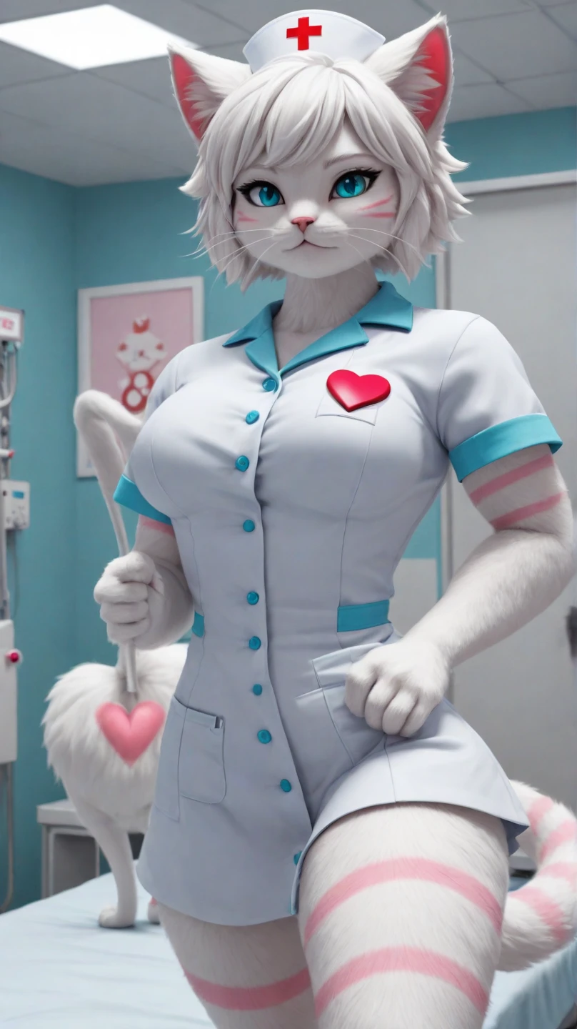 <lora:night-XL:1>, score_9, score_8_up, score_7_up, BREAK, intricate detail, highly detailed, masterpiece, <lora:WMangleH:1>, mangle, animatronic, furry, yellow eyes, white fox tail, robot joints, big , , long eyelashes, blurry background, shy, loving look, smile, nurse outfit, hospital,  white thighhighs, lace-trimmed legwear, white garter straps