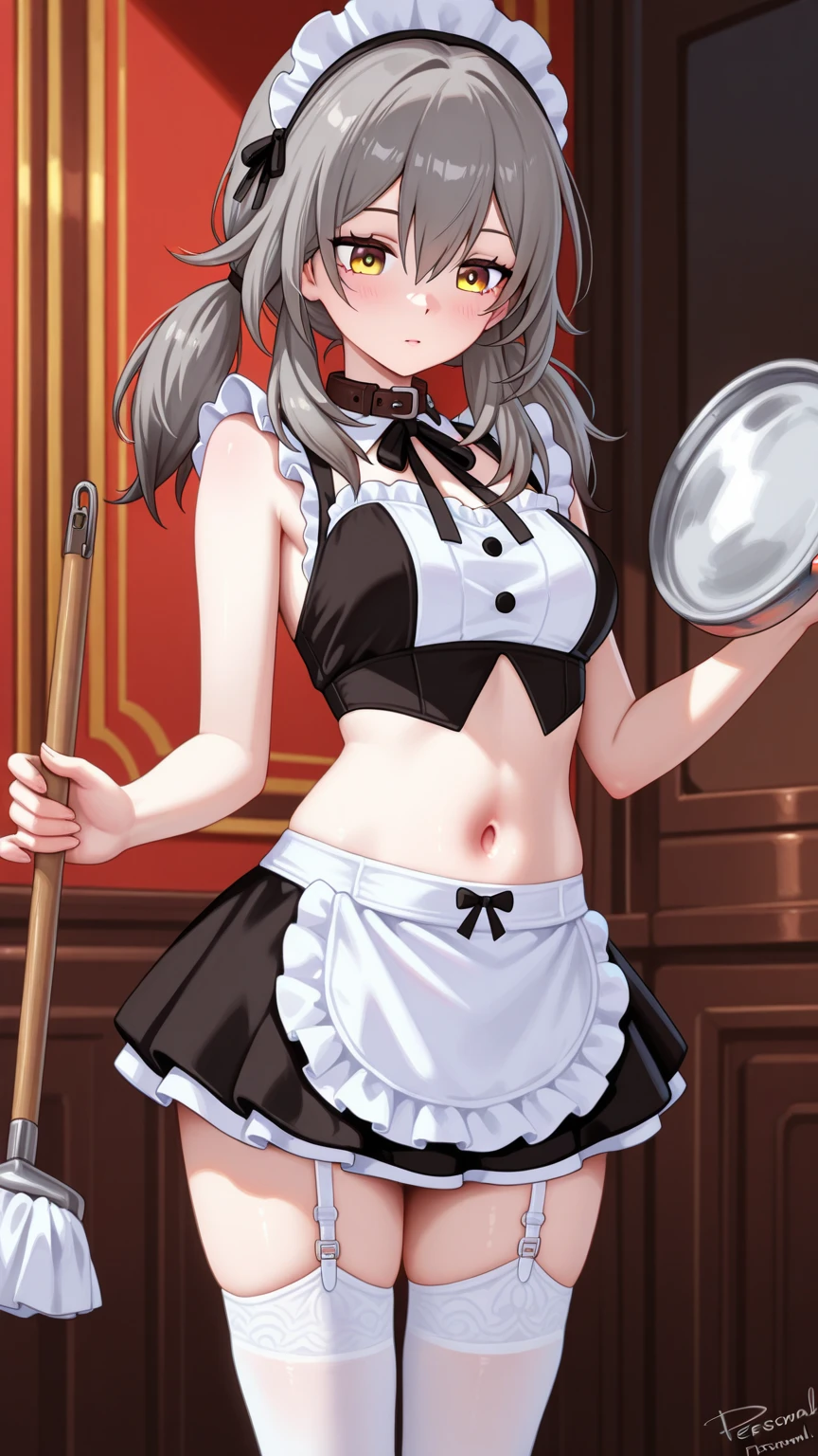 ((32k)), ((best quality)), ((ultra high res)), ((HDR)), ((UHD)), ((extremely detailed CG)), ((unity 32k wallpaper)), closed mouth, standing, purple eyes, swimsuit, bikini, thighs, cowboy shot, frills, indoors, hand up, stomach, white thighhighs, hand on hip, wrist cuffs, maid, maid headdress, bare arms, skindentation, detached collar, side-tie bikini bottom, white bikini, single thighhigh, string bikini, frilled bikini, bridal garter, maid bikini,