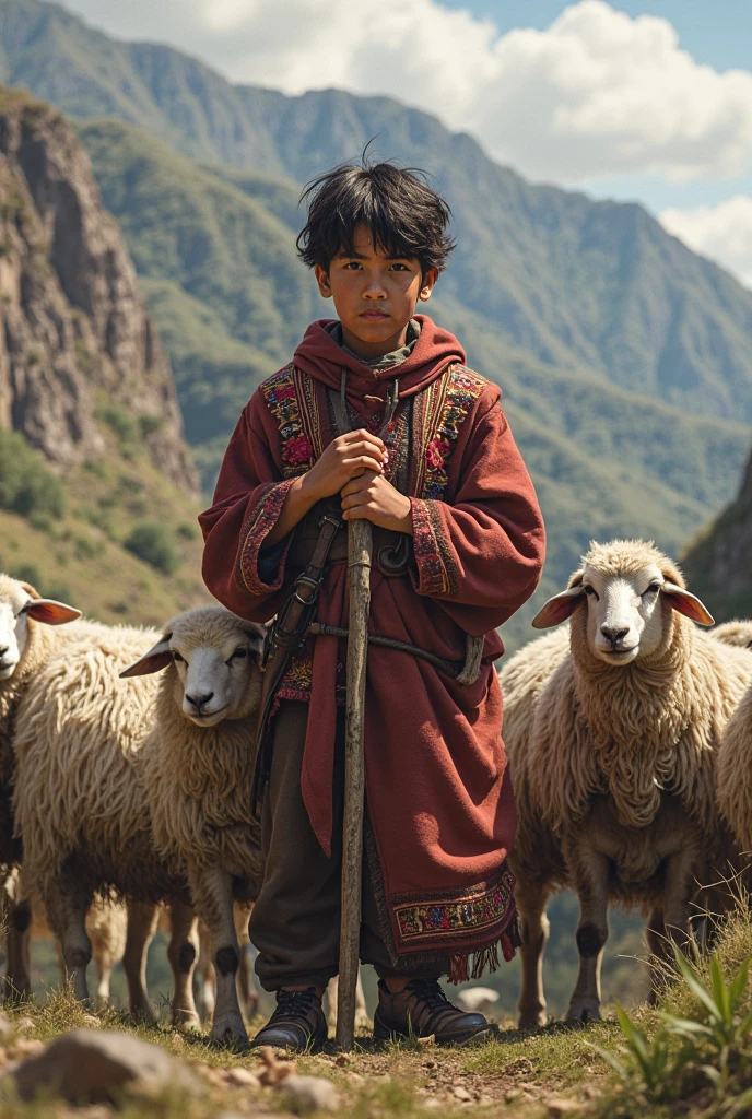 Ultra Realistic, masterpiece, high definition, highly detailed, 8K, a cute mangolian boy , a 8 year old boy, highly detailed face, highly detailed body, holding painting brush, wearing summer clothes, resembling a shepherd, dirt splattered over his clothes, looking at the viewer , he's watching his sheeps grazing, full body view, proper bhutan meadows in the background, sheeps grazing, boy holding a stick, perfect background.,