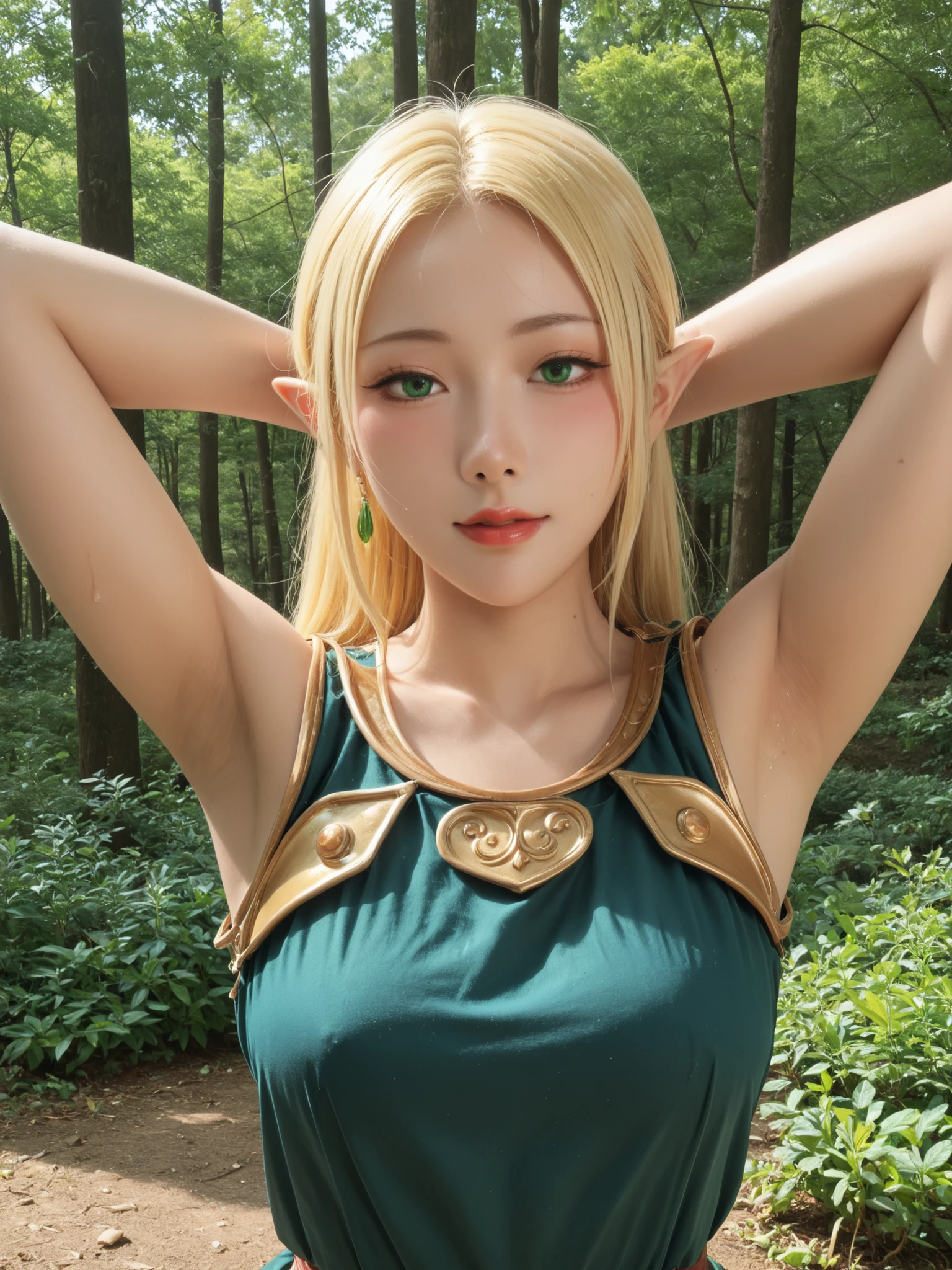 Forest,top quality, masterpiece,watching viewers,Show me your armpits,sweat,1girl,deedlit,solo,とがったElf耳,Blonde,Elf,circle,Gold Framed Blue Shoulder Armor,Green Tunic,Deedlit,