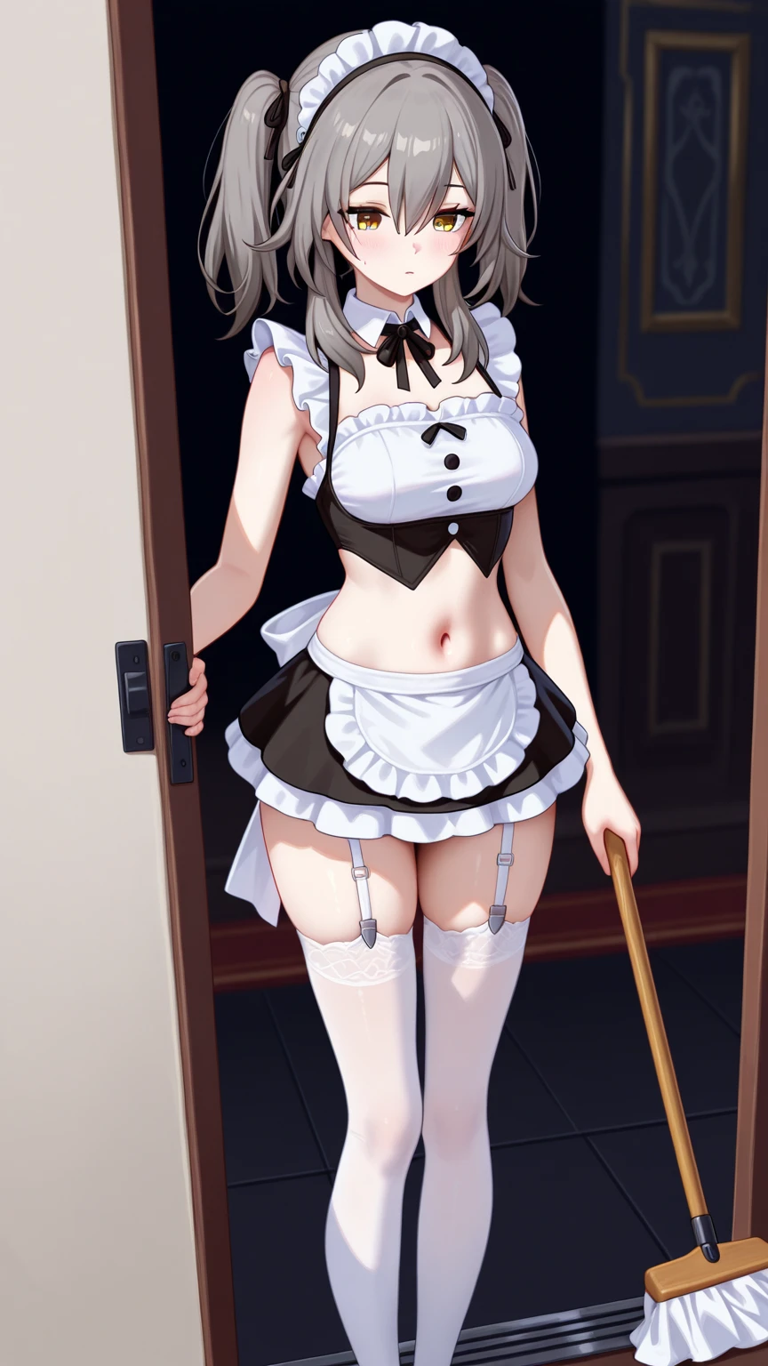 Masterpiece、Highest quality、Highest quality, (long and thin legs, shoes:1.2), Arm behind wrist, squat、Spread your legs、1 girl, (smile、Open your mouth大笑い:1.2), Cute eyes, (Detailed face:1.3)、Open your mouth, The whole face turns red, alone, Oversized breasts, Big and ample breasts, (Straight bangs, bowl cut:1.2), White maid outfit、(Bust only micro bikini)、Side bust、Underbust、belly button、Walking through the mansion&#39;corridor、nsfw、shoes下
