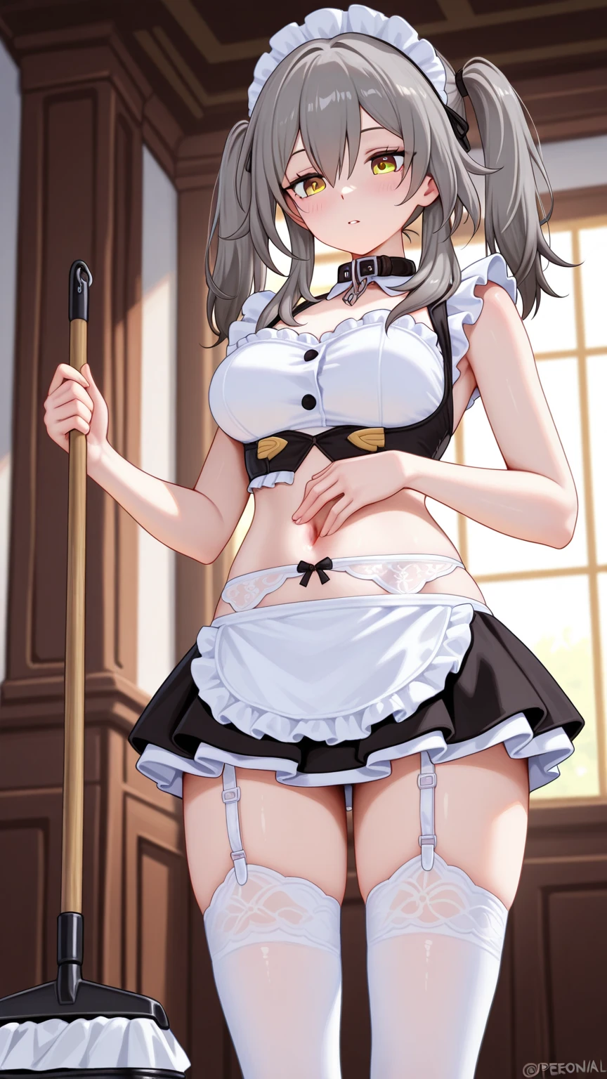((nsfw)), ((32k)), ((best quality)), ((ultra high res)), ((HDR)), ((UHD)), ((extremely detailed CG)), ((unity 32k wallpaper)), (((Virgin girl))), (ideal ratio body proportions), solo, long hair, (breasts), looking at viewer, blush, smile, bangs, thighhighs, bow, holding, cleavage, jewelry, ((white bikini)), (Black ponytail), (medium breasts), closed mouth, standing, swimsuit, ((black hair)), short sleeves, bikini, ((upper body)), earrings, frills, food, black thighhighs, indoors, bowtie, apron, cup, puffy short sleeves, wrist cuffs, grey eyes, thigh strap, detached collar, side-tie bikini bottom, thigh gap, table, single thighhigh, waist apron, white apron, plate, tray, teacup, cake, frilled apron, bridal garter, holding tray, cake slice, from below, ((front)), 