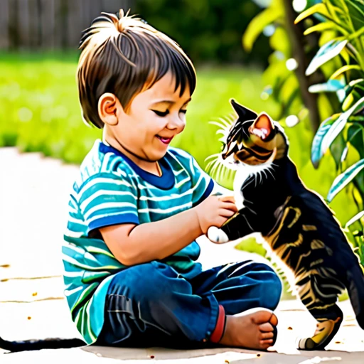 Painting of a boy playing with a dog and cat, charming digital painting, children's book illustration, illustration for children, illustration art, children's book illustration, realistic art, children's book illustration, Ultra humorous oil painting, traditional art, Stephen Dohanos, pet, realistic painting style, children's book illustration, children's book illustration, children's book illustration, Elaine Hamilton