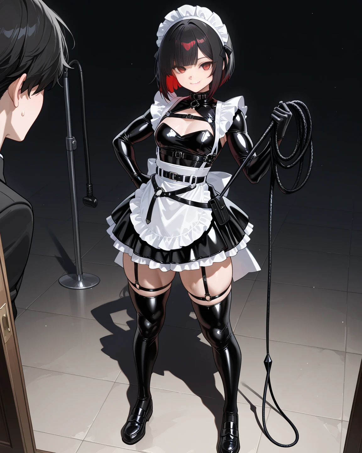 8K Ultra Clear，A high resolution，Best quality at best，Best character structure，A cute girl，with black curled hair，wearing an sexy underwear，Transparent lace lingerie，Loafer shoes，half squatting，showing waist，Expose your navel，exposed device，with faintly visible，器with faintly visible。
